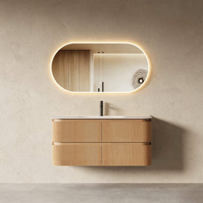 Bright 1200 Walnut Veneer Fluted Curved Bathroom Wall Hung Vanity (With Resin Undermount Integrated Basin)