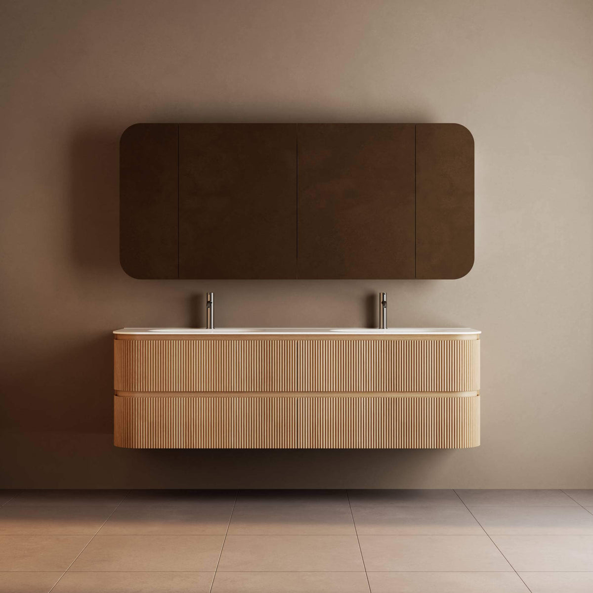 Bright 1800 Walnut Veneer Fluted Curved Bathroom Wall Hung Vanity (With Resin Undermount Integrated Basin)