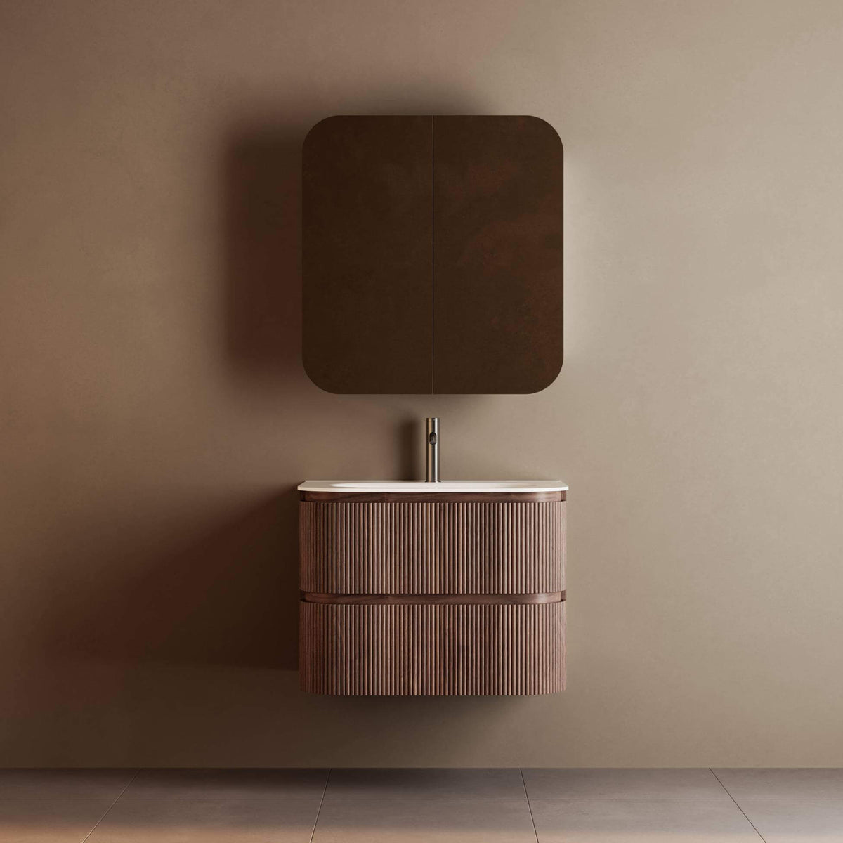 Bright 750 Walnut Veneer Fluted Curved Bathroom Wall Hung Vanity (With Resin Undermount Integrated Basin)