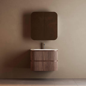 Bright 750 Walnut Veneer Fluted Curved Bathroom Wall Hung Vanity (With Resin Undermount Integrated Basin)