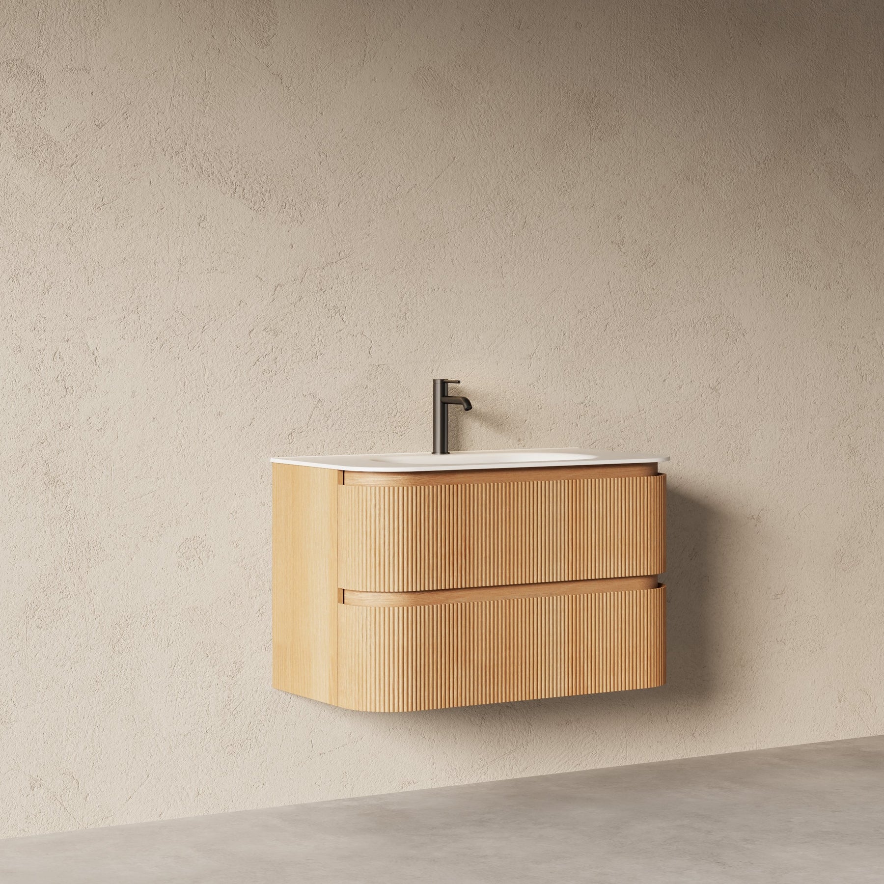 Bright 900 Walnut Veneer Curved Bathroom Wall Hung Vanity (With Resin Undermount Integrated Basin)