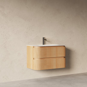 Bright 900 Walnut Veneer Curved Bathroom Wall Hung Vanity (With Resin Undermount Integrated Basin)