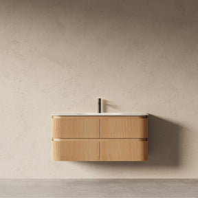 Bright 1200 Walnut Veneer Curved Bathroom Wall Hung Vanity (With Resin Undermount Integrated Basin)
