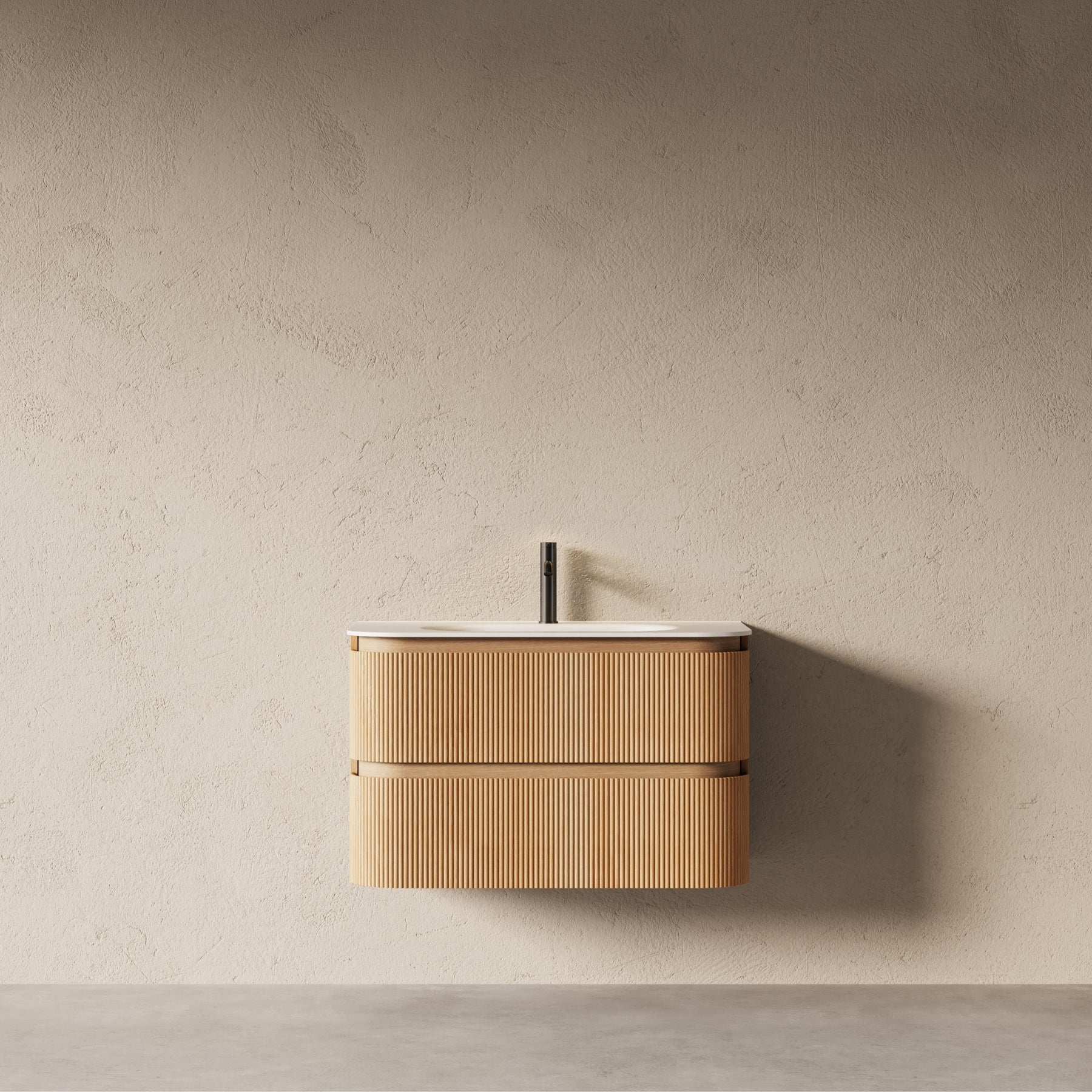 Bright 900 Walnut Veneer Curved Bathroom Wall Hung Vanity (With Resin Undermount Integrated Basin)