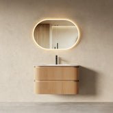 Bright 900 Walnut Veneer Fluted Curved Bathroom Wall Hung Vanity (With Resin Undermount Integrated Basin)
