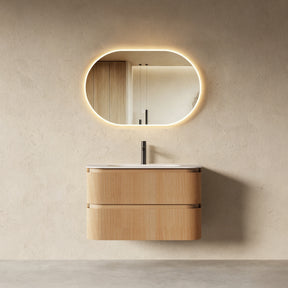 Bright 900 Walnut Veneer Fluted Curved Bathroom Wall Hung Vanity (With Resin Undermount Integrated Basin)
