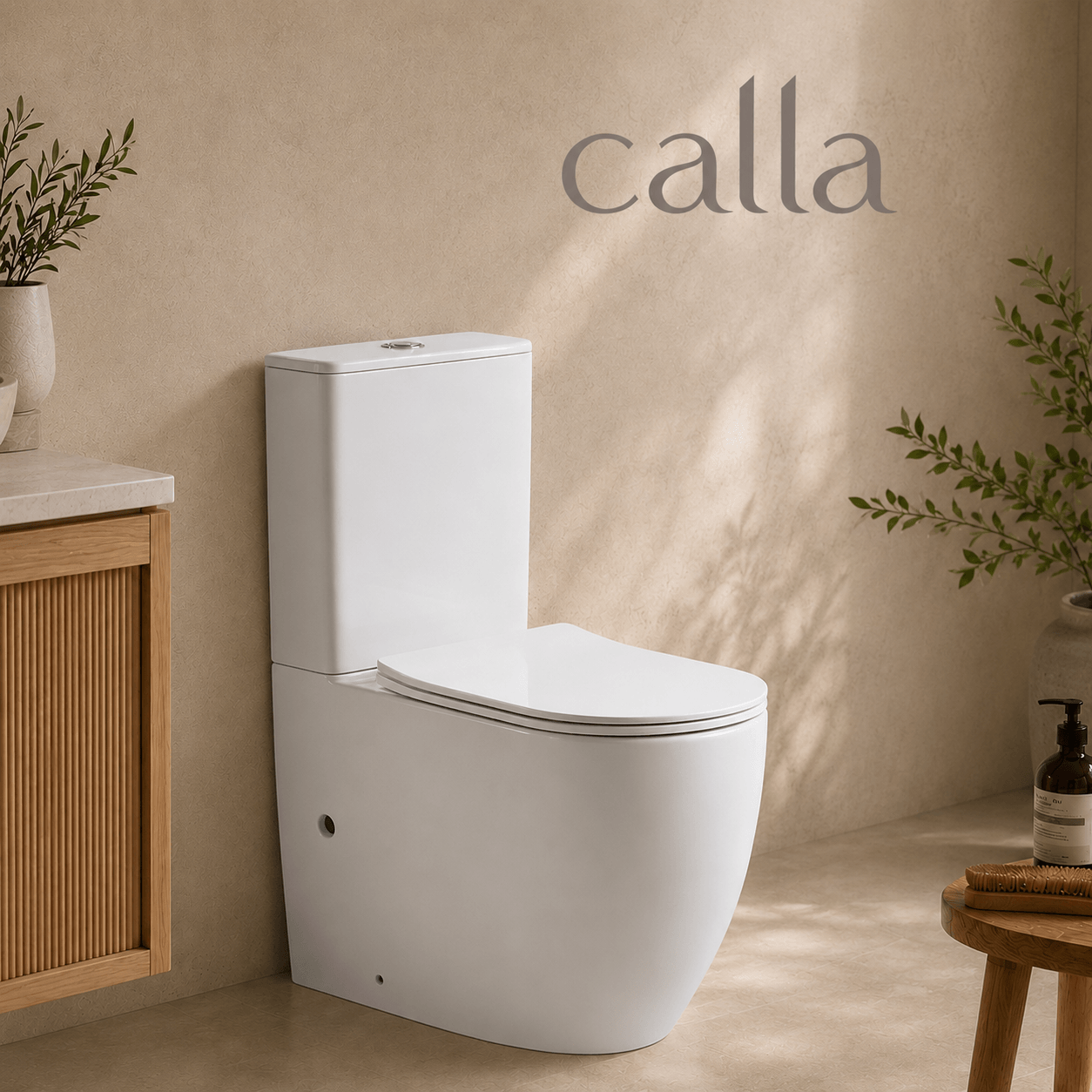 Calla Round 660 Back to Wall Rimless Tornado Toilet Suite – Gloss White