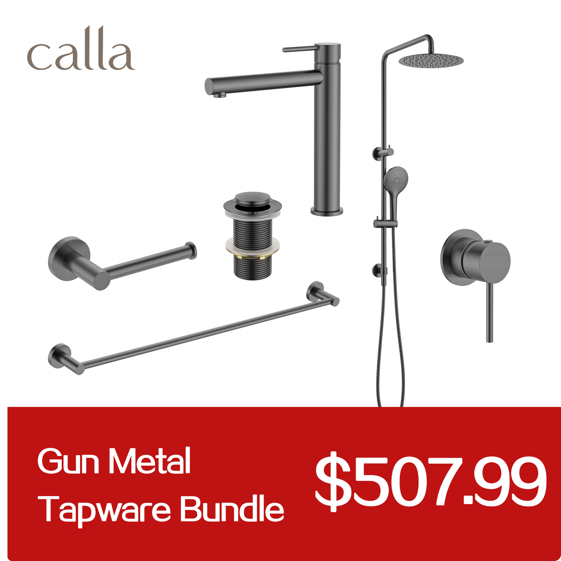 Calla Gun Metal Tall Rounded Square Basin Mixer Tap Bundle