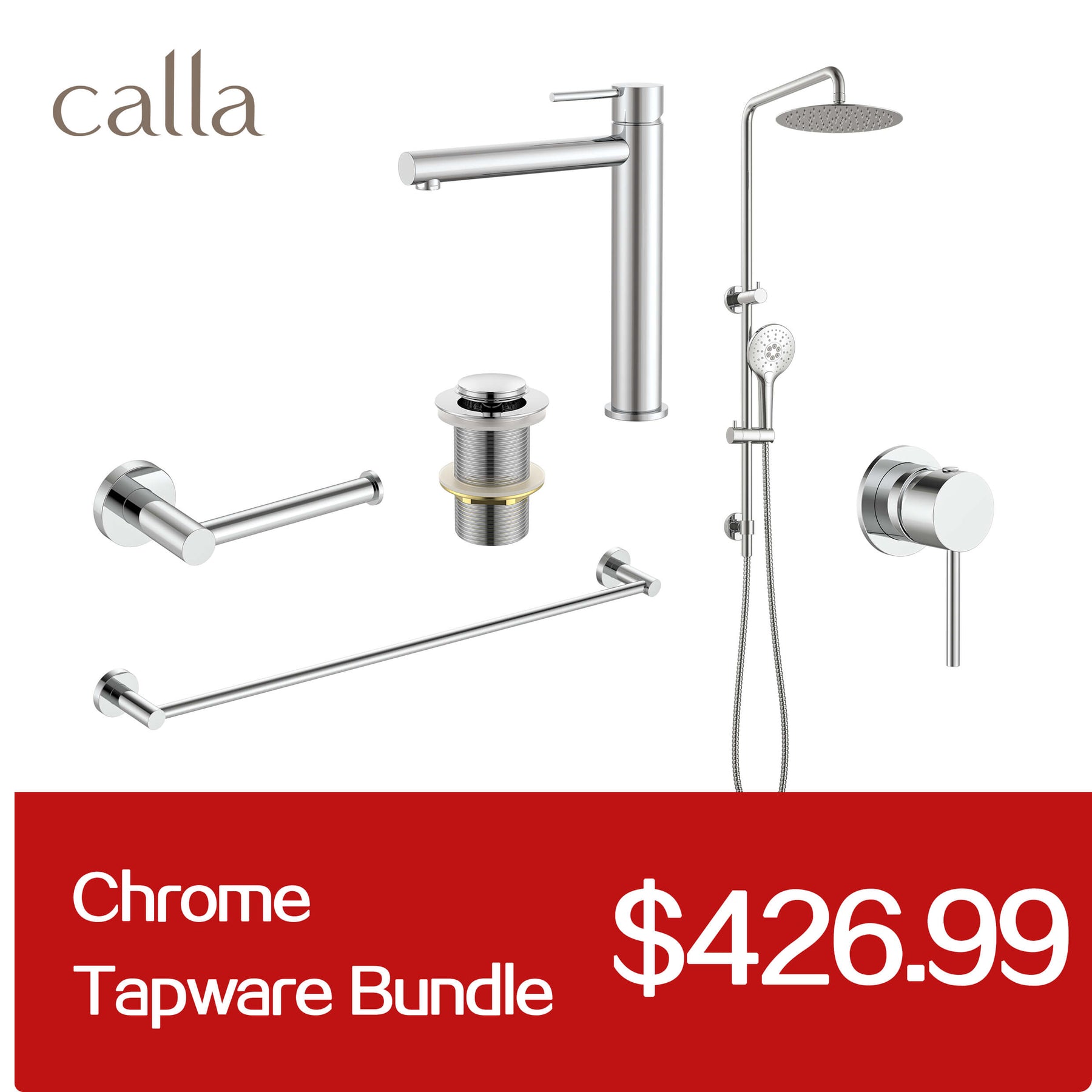 Calla Chrome Tall Rounded Square Basin Mixer Tap Bundle