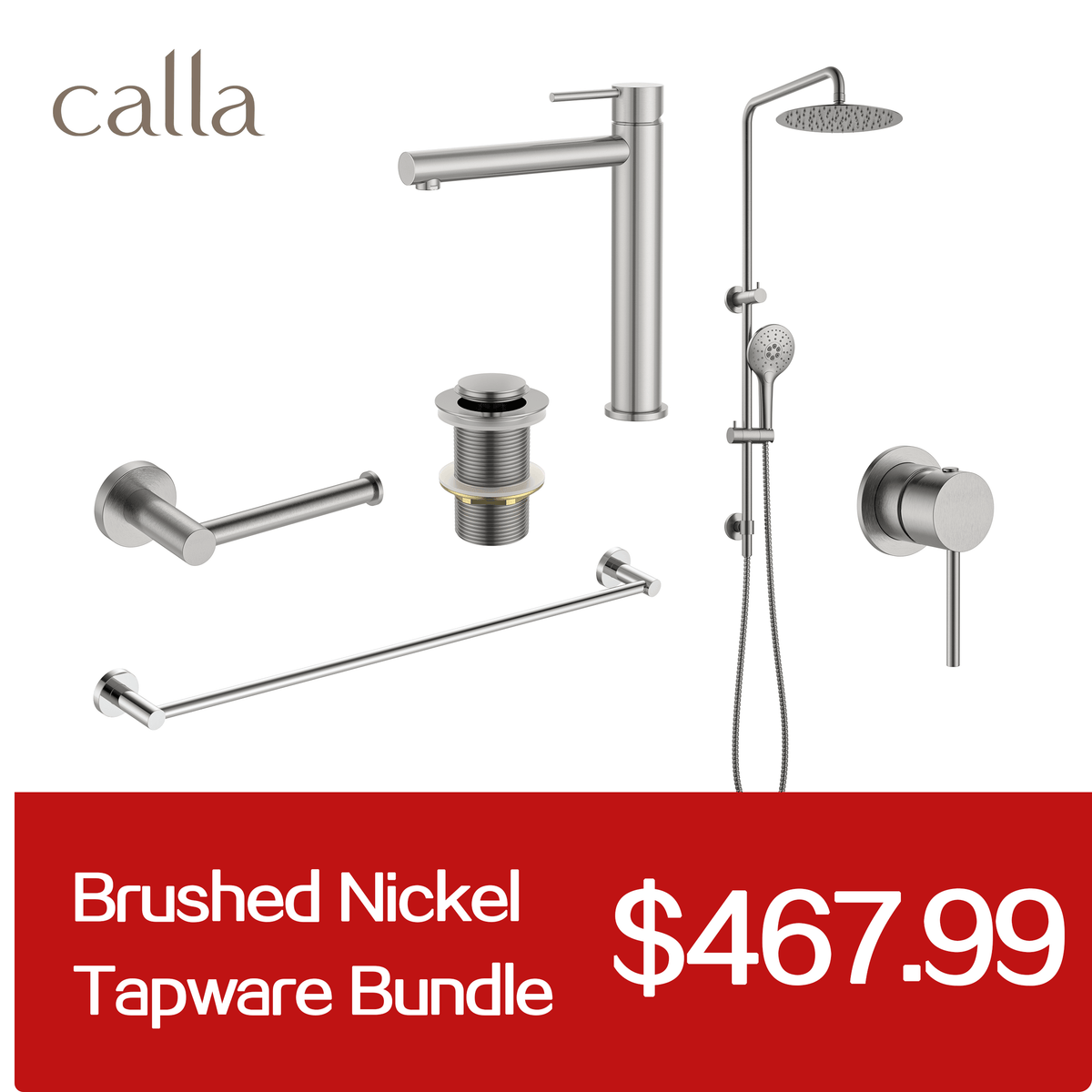 Calla Brushed Nickel Tall Rounded Square Basin Mixer Tap Bundle