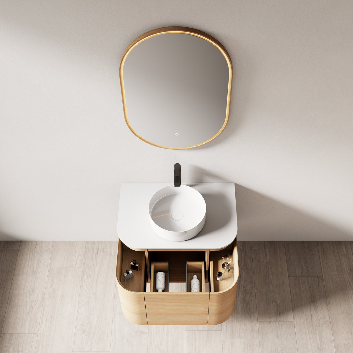 Iris 750 Walnut Veneer Curved Bathroom Wall Hung Vanity (With Sintered Stone Top)