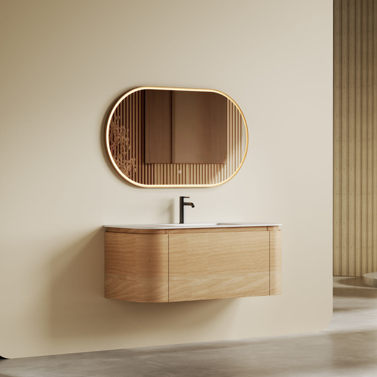 Iris 1200 Walnut Veneer Curved Bathroom Vanity (With Integrated Basin)