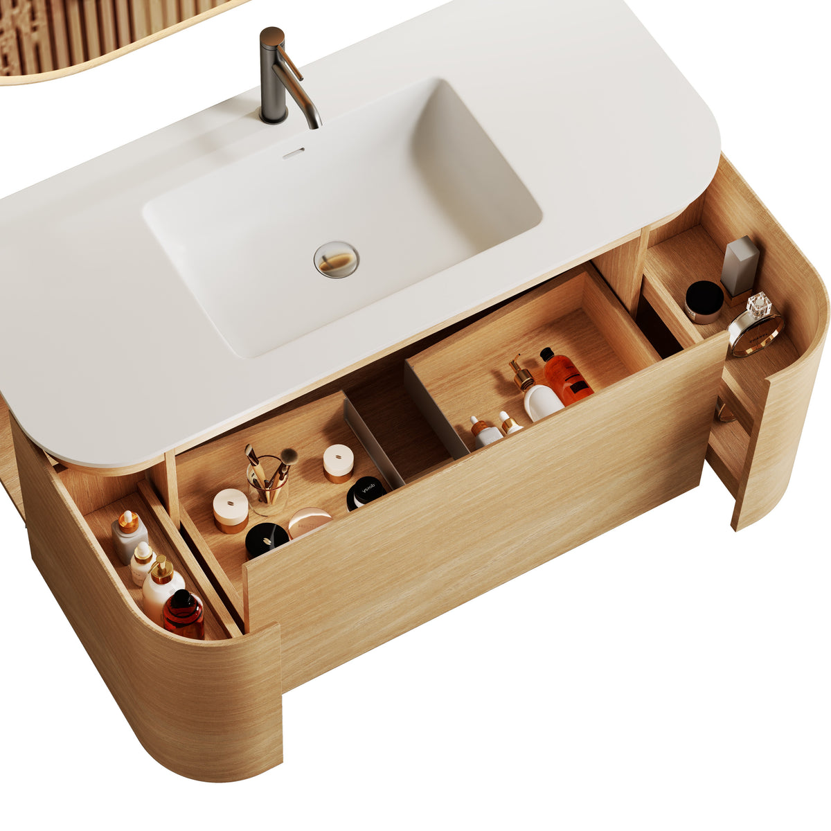 Iris 1200 Walnut Veneer Curved Bathroom Wall Hung Vanity (With Resin Undermount Integrated Basin)