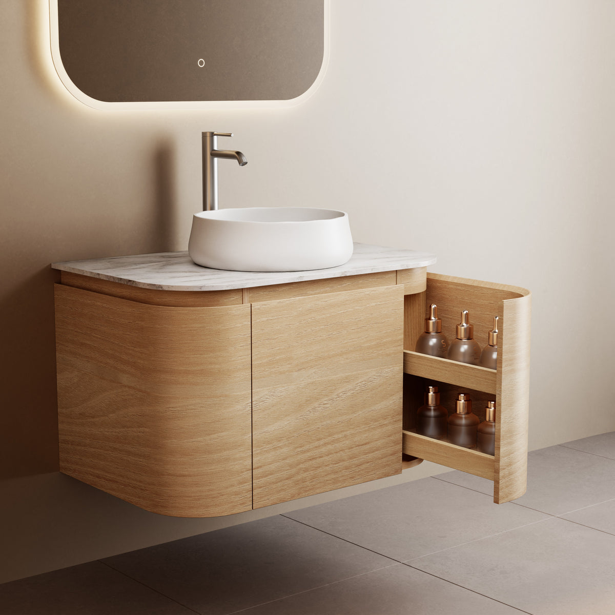 Iris 750 Walnut Veneer Curved Bathroom Vanity (With Stone Top)