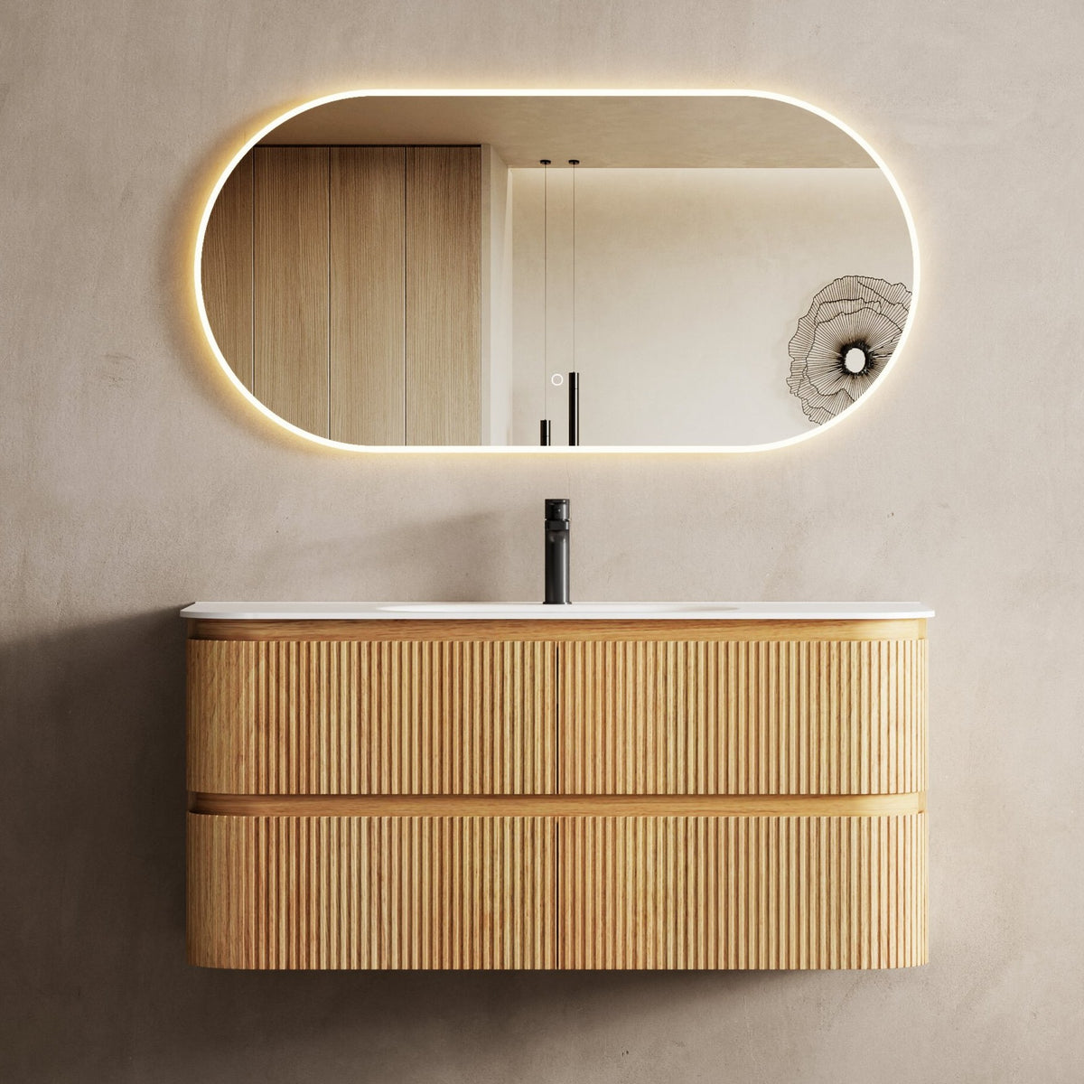 Bright 1200 Walnut Veneer Curved Bathroom Vanity (With Integrated Basin)