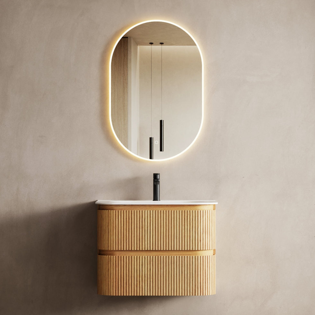 Bright 750 Walnut Veneer Curved Bathroom Vanity (With Integrated Basin)