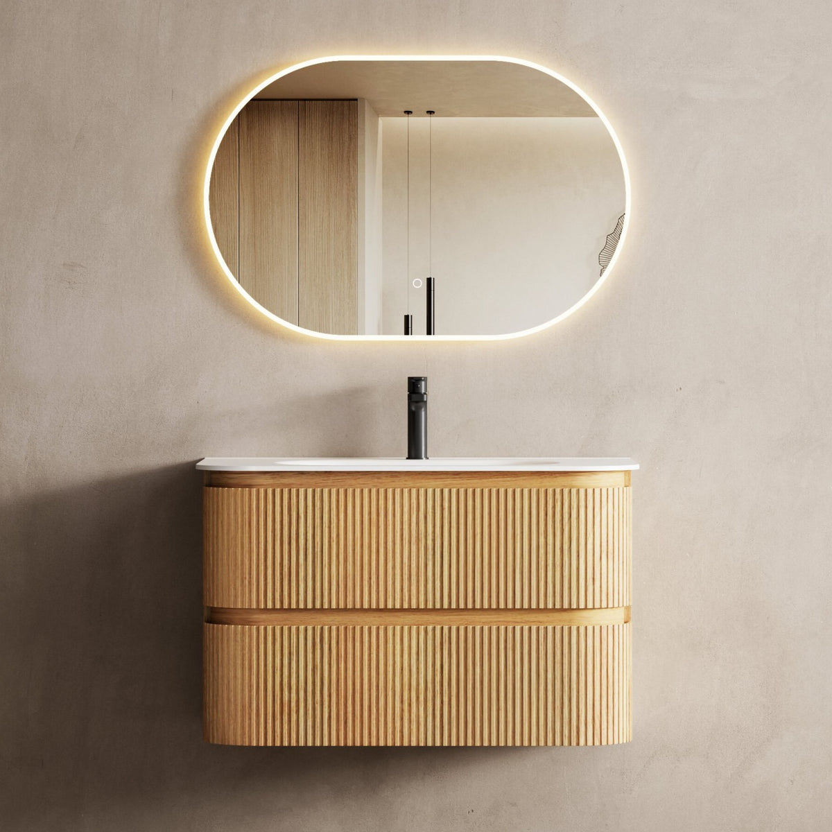 Bright 900 Walnut Veneer Curved Bathroom Vanity (With Integrated Basin)