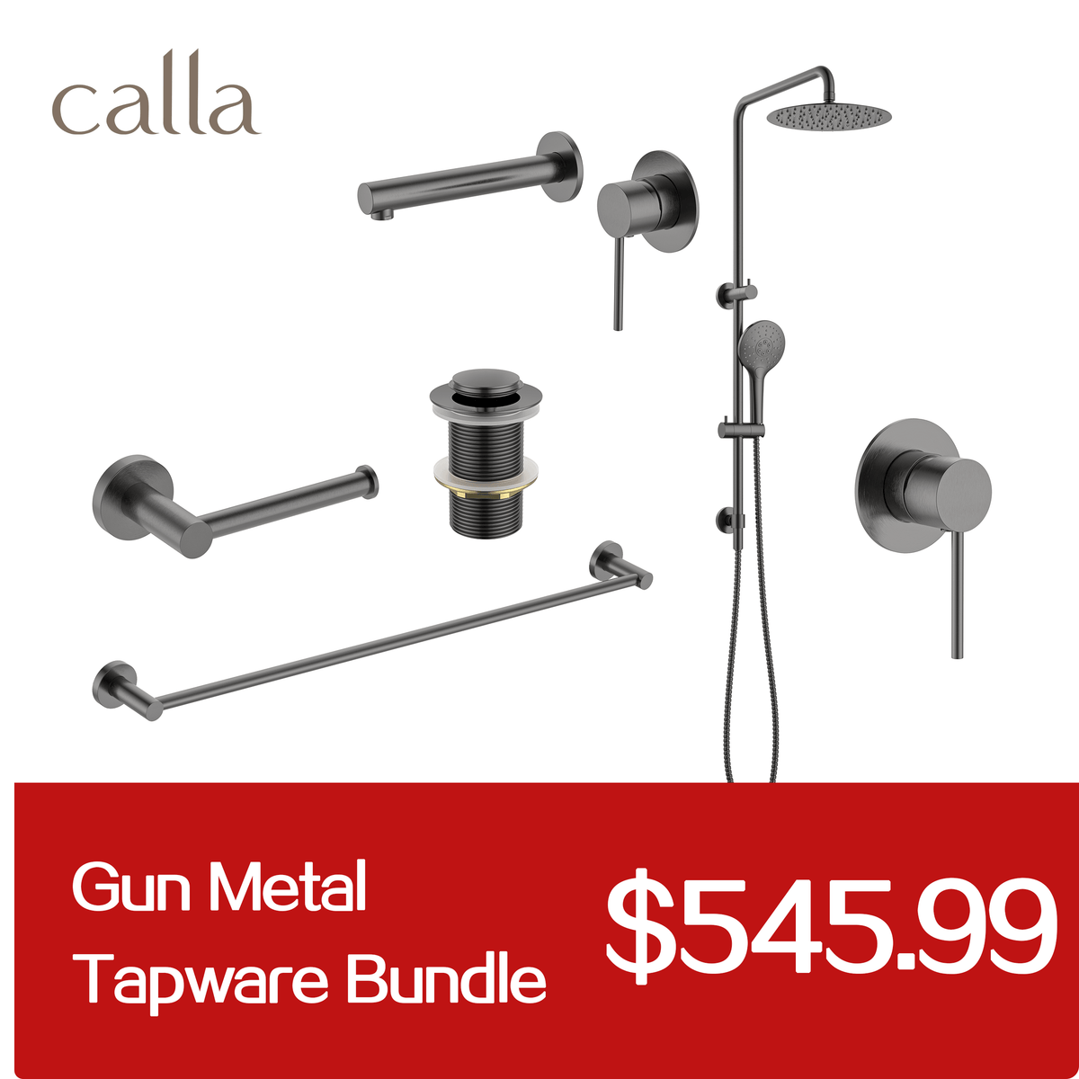 Calla Gun Metal Round Square Basin Wall Mixer Bundle