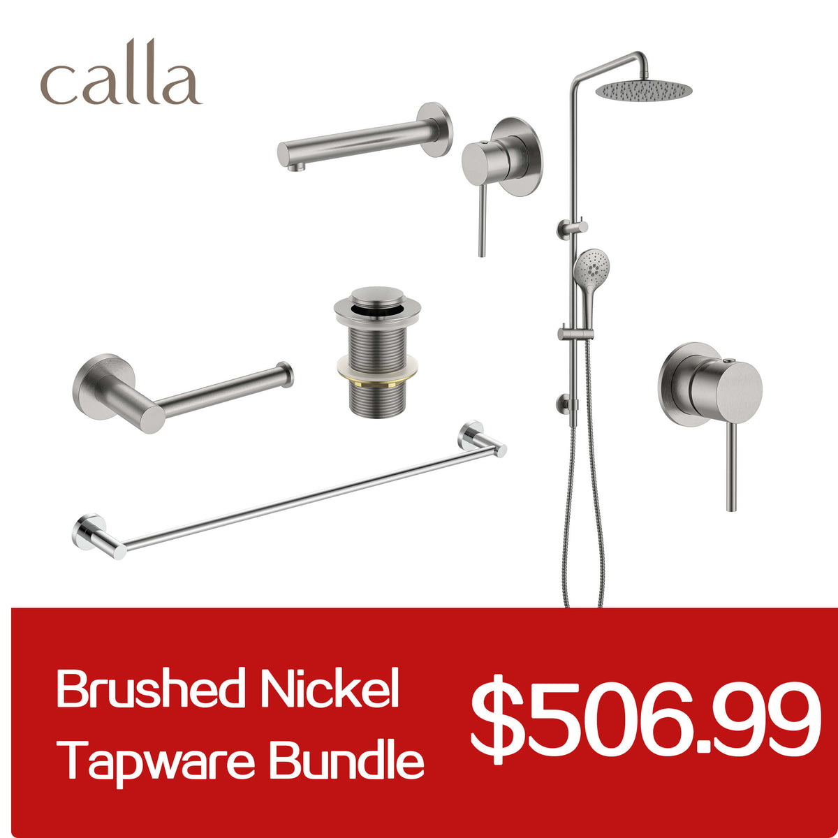 Calla Brushed Nickel Round Square Basin Wall Mixer Bundle