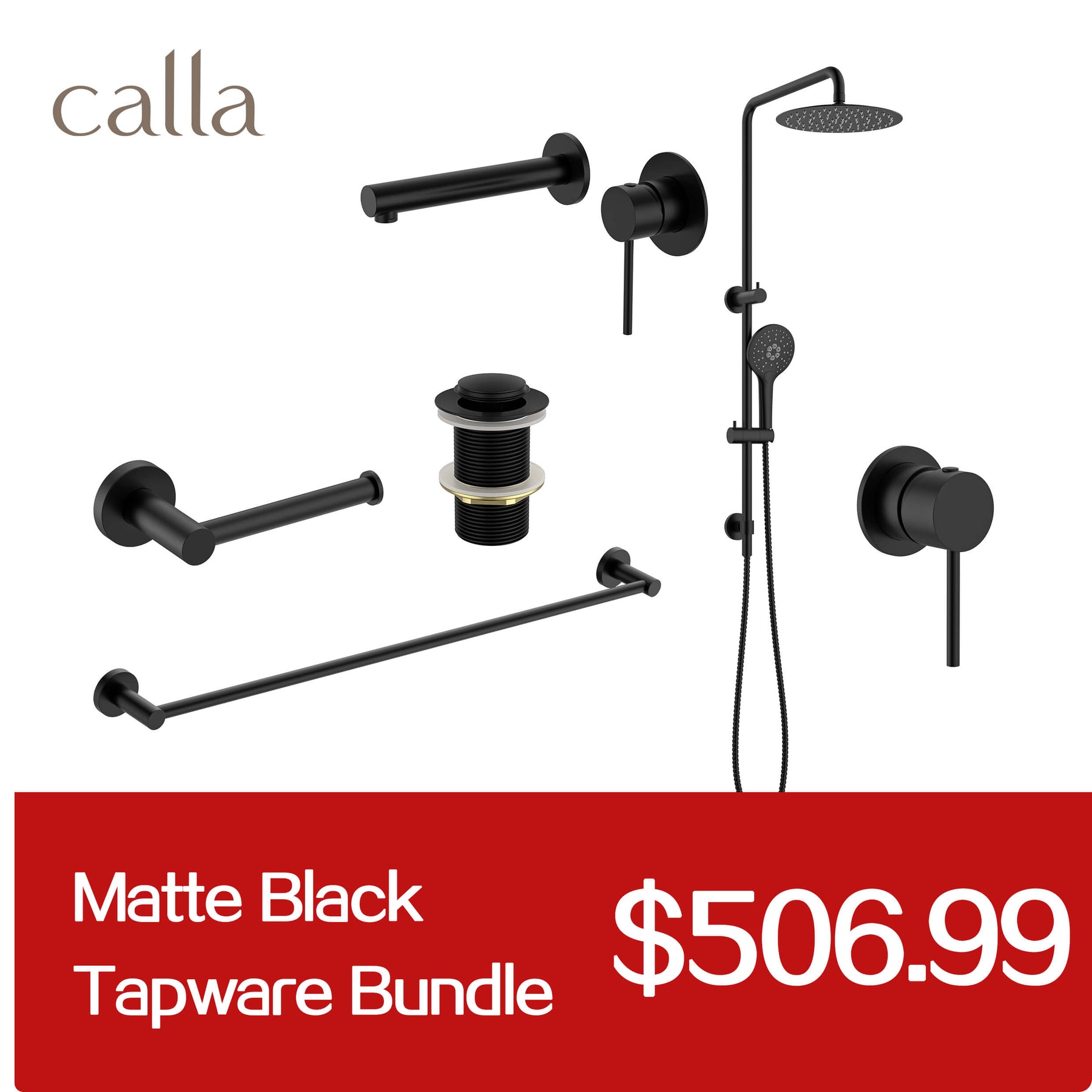 Calla Matt Black Round Square Basin Wall Mixer Bundle