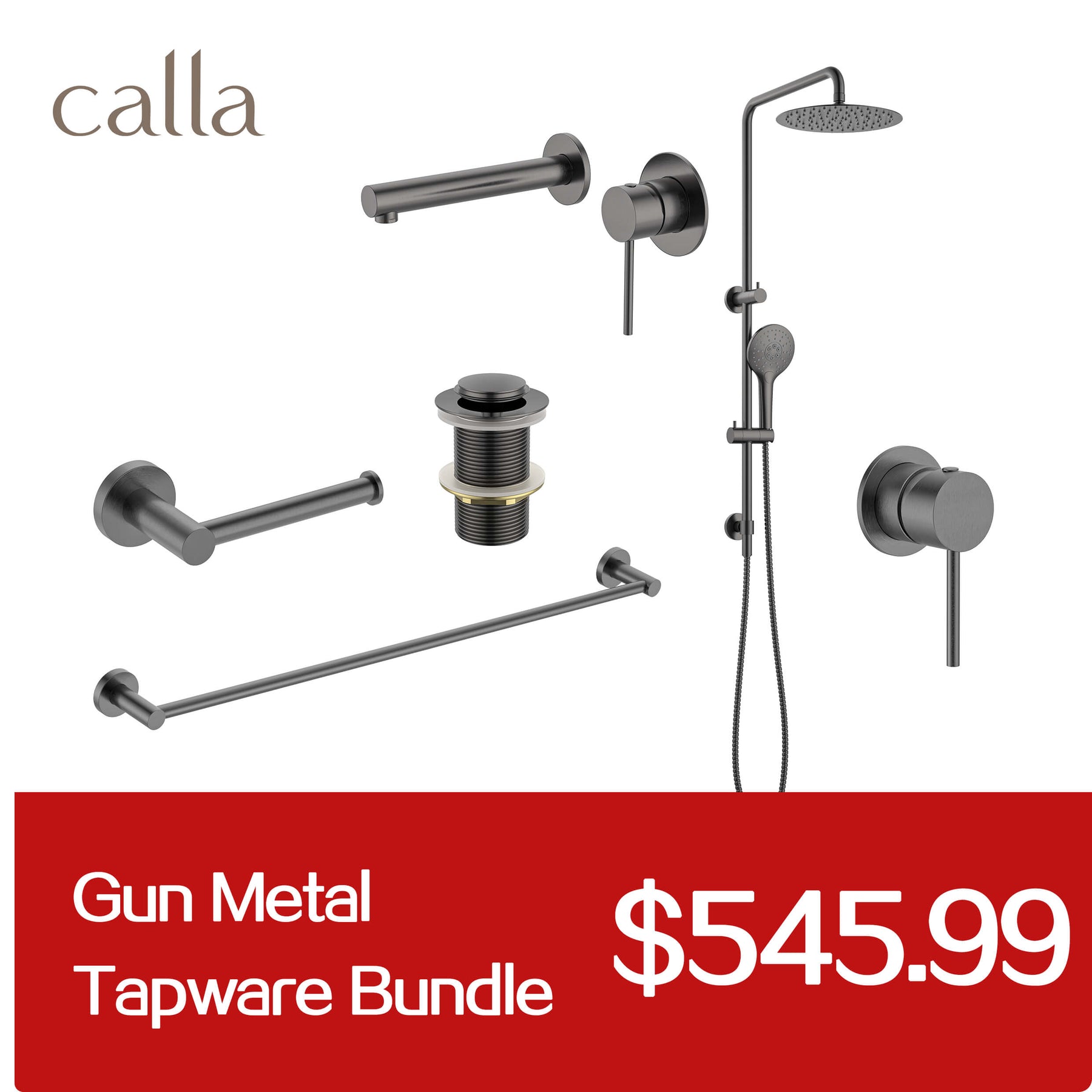 Calla Gun Metal Round Square Basin Wall Mixer Bundle