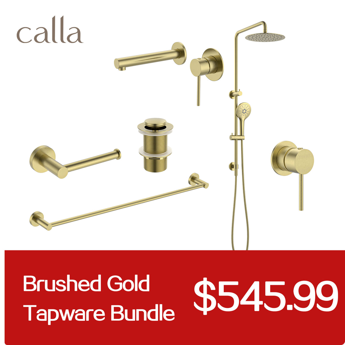 Calla Brushed Gold Round Square Basin Wall Mixer Bundle