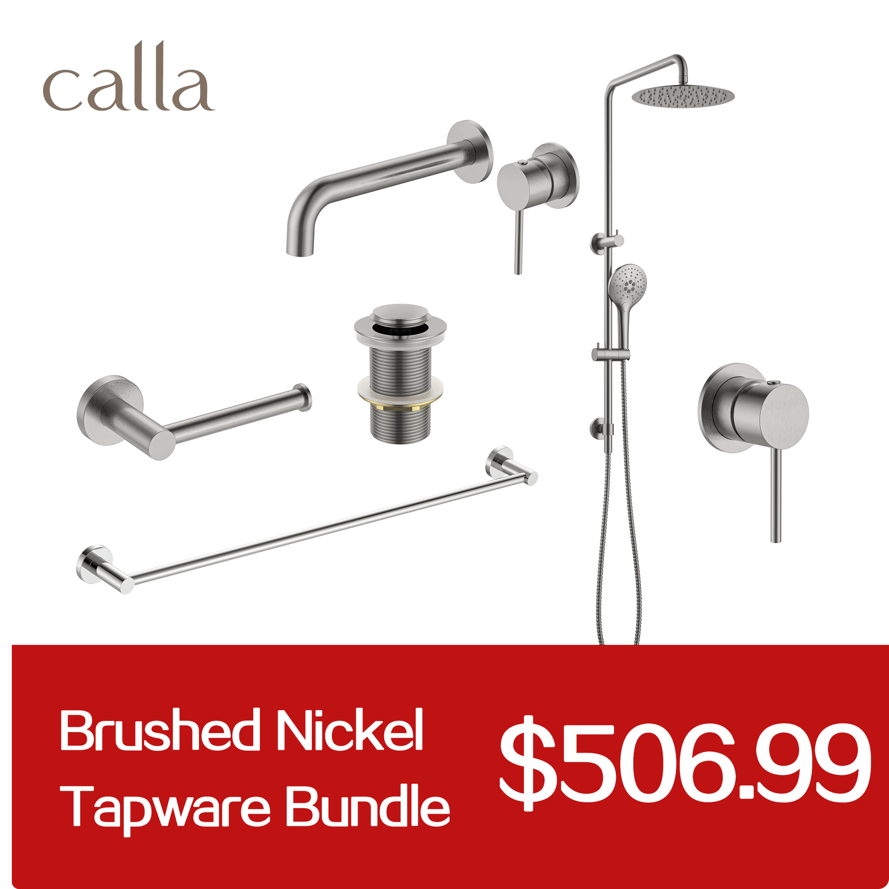 Calla Brushed Nickel Round Basin Wall Mixer Bundle