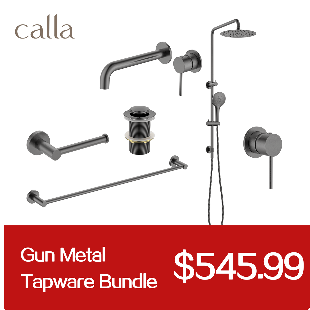 Calla Gun Metal Round Basin Wall Mixer Bundle