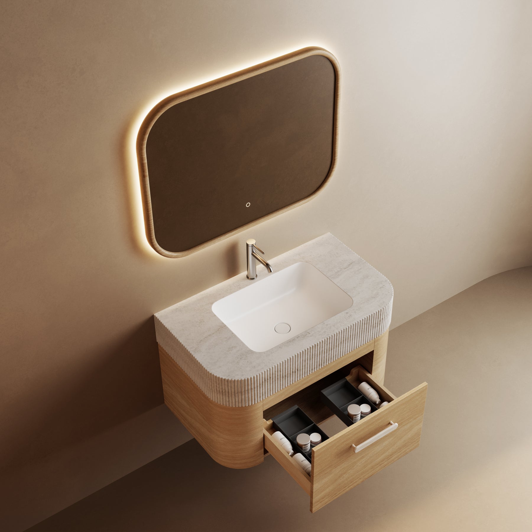 Wells 1200 Walnut Veneer Fluted Curved Bathroom Vanity (With Acrylic Integrated Basin)