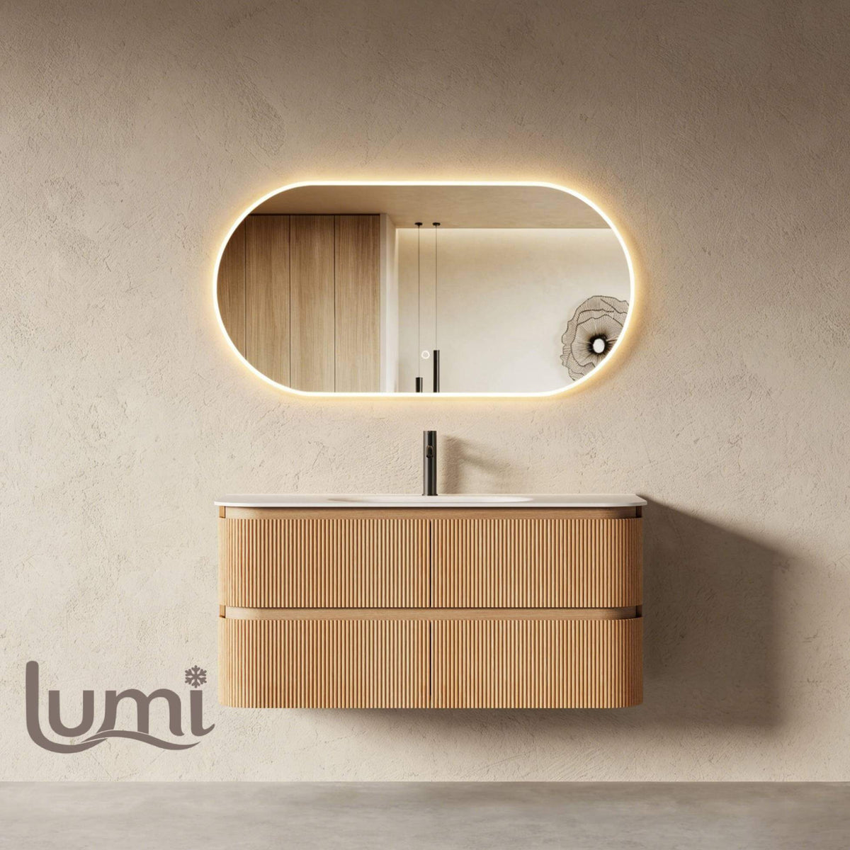 Bright 1200 Walnut Veneer Fluted Curved Bathroom Wall Hung Vanity (With Resin Undermount Integrated Basin)