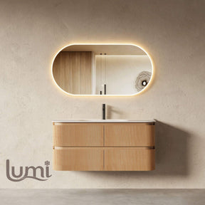 Bright 1200 Walnut Veneer Fluted Curved Bathroom Wall Hung Vanity (With Resin Undermount Integrated Basin)
