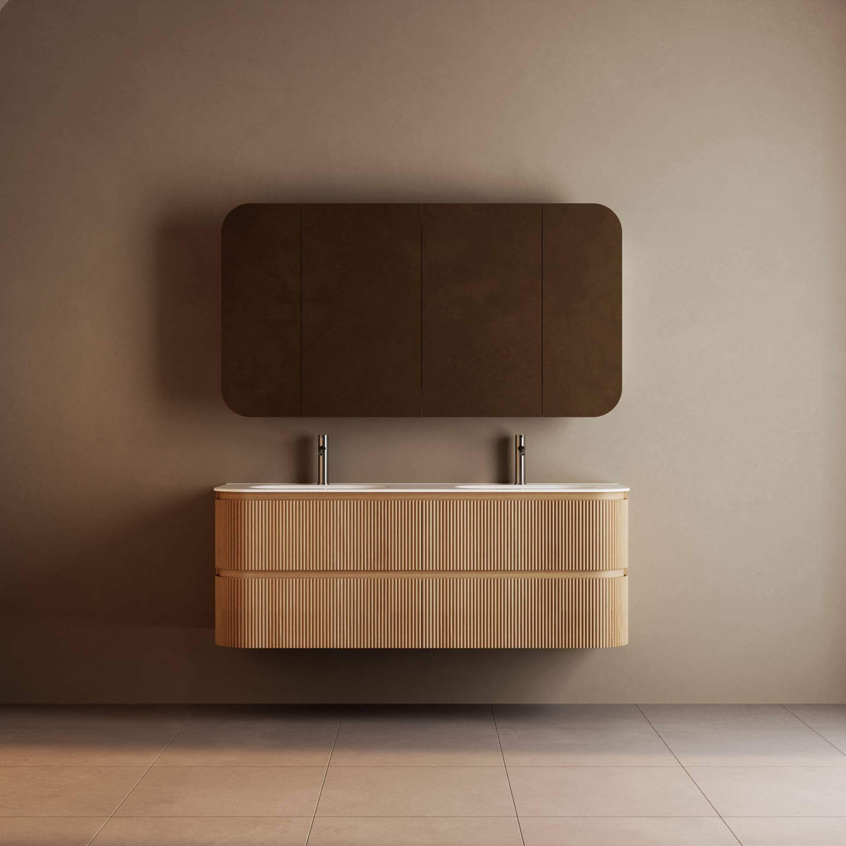 Bright 1500 Walnut Veneer Fluted Curved Bathroom Wall Hung Vanity (With Resin Undermount Integrated Basin)