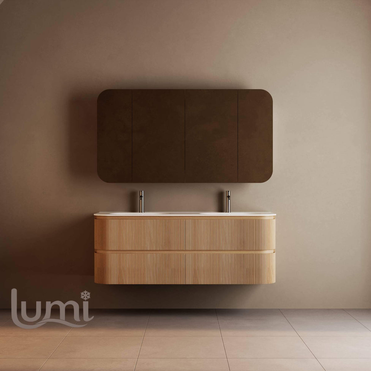 Bright 1500 Walnut Veneer Fluted Curved Bathroom Wall Hung Vanity (With Resin Undermount Integrated Basin)
