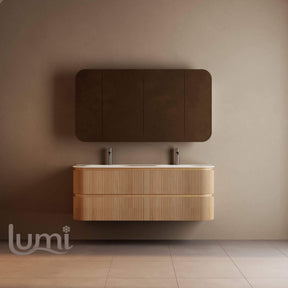 Bright 1500 Walnut Veneer Fluted Curved Bathroom Wall Hung Vanity (With Resin Undermount Integrated Basin)