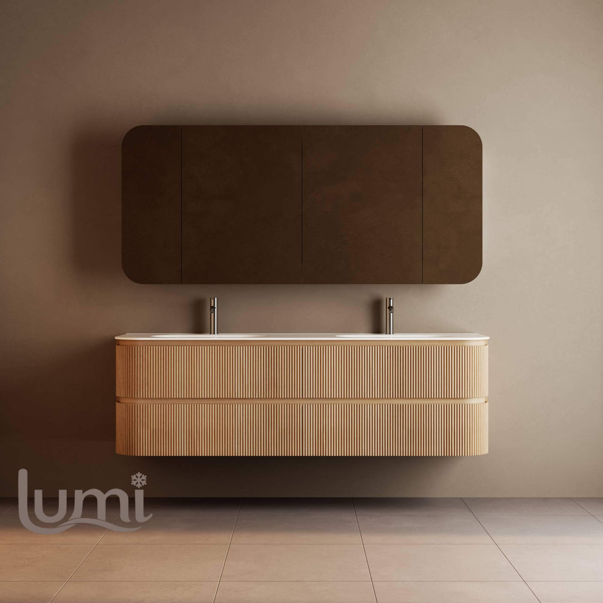 Bright 1800 Walnut Veneer Fluted Curved Bathroom Wall Hung Vanity (With Resin Undermount Integrated Basin)