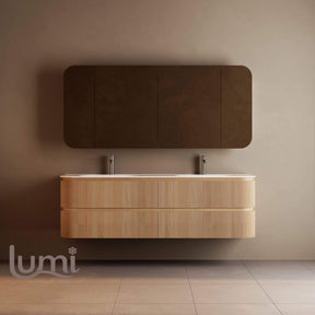 Bright 1800 Walnut Veneer Fluted Curved Bathroom Wall Hung Vanity (With Resin Undermount Integrated Basin)