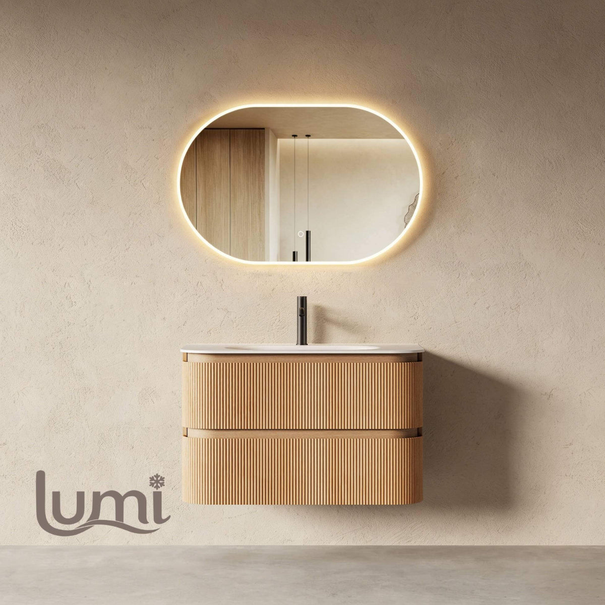Bright 900 Walnut Veneer Fluted Curved Bathroom Wall Hung Vanity (With Resin Undermount Integrated Basin)
