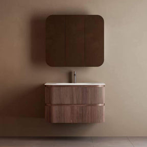Bright 900 Walnut Veneer Fluted Curved Bathroom Wall Hung Vanity (With Resin Undermount Integrated Basin)