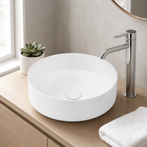 360×360×120mm Round Above Counter Bathroom Basin – Matte White Ceramic