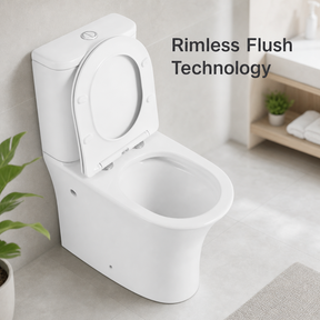 Modern white toilet with rimless flush technology in clean bathroom setting