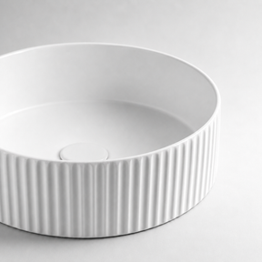 360×360×120mm Fluted Round Above Counter Bathroom Basin – Matte White Ceramic