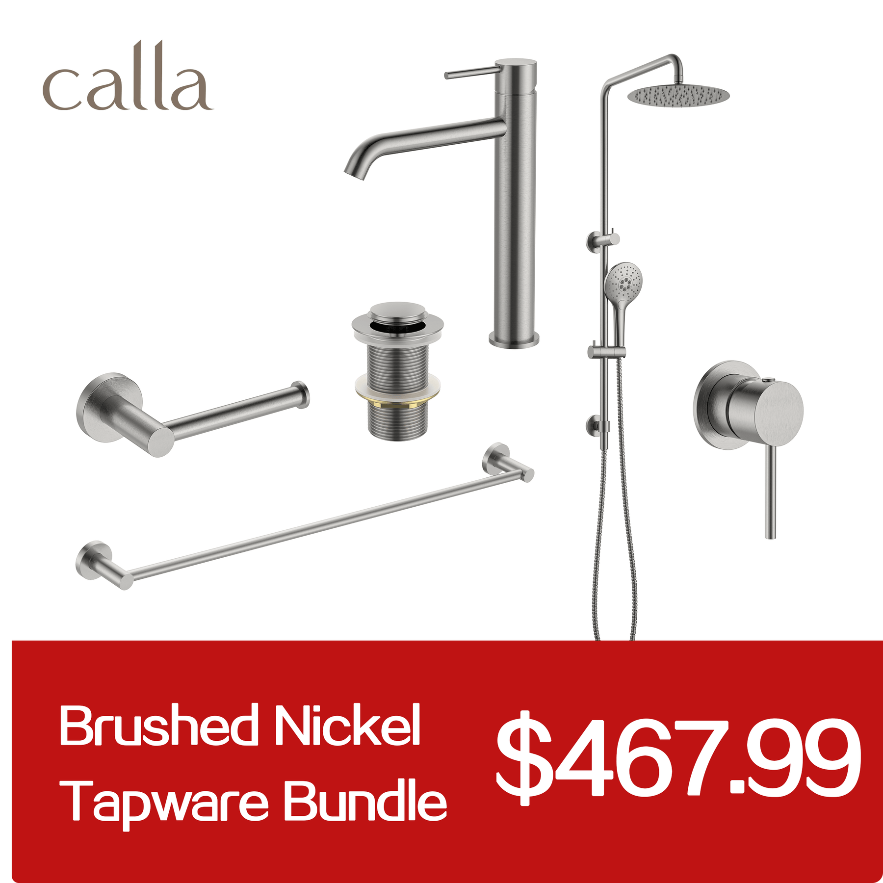 Calla Brushed Nickel Tall Round Basin Mixer Tap Bundle