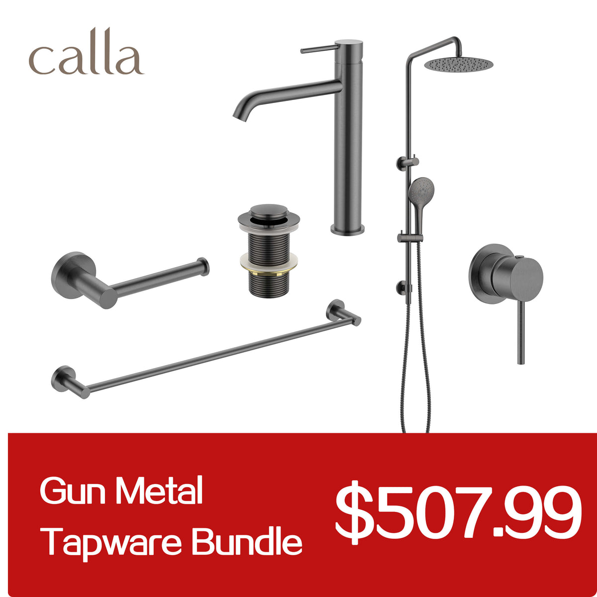 Calla Gun Metal Tall Round Basin Mixer Tap Bundle