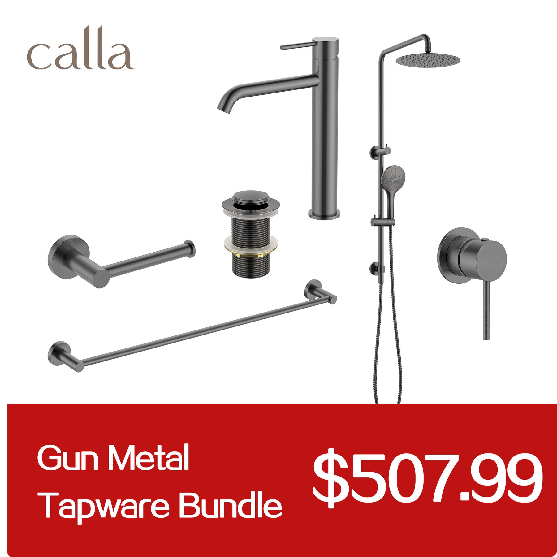 Calla Gun Metal Tall Round Basin Mixer Tap Bundle