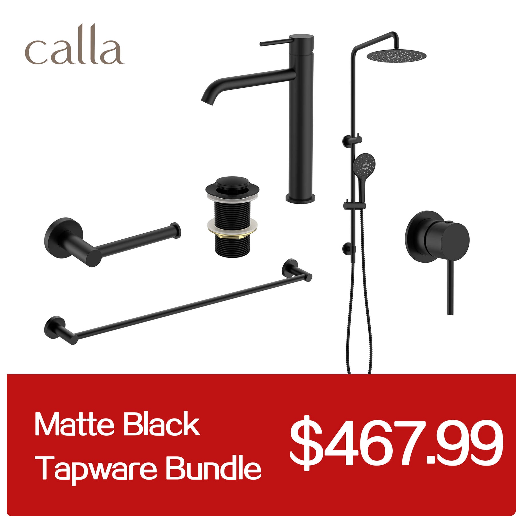 Calla Matt Black Tall Round Basin Mixer Tap Bundle